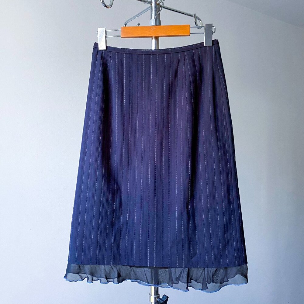 🍂 Chic Y2K Vintage Navy High-Waisted Pinstripe Midi Skirt Sheer Lettuce Hem